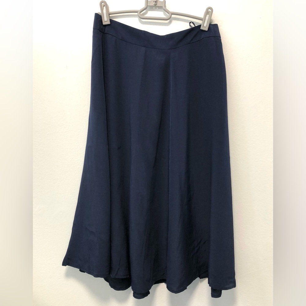 J. Crew silk midi skirt, 100% silk, dark navy blue, size 2, length 27”.